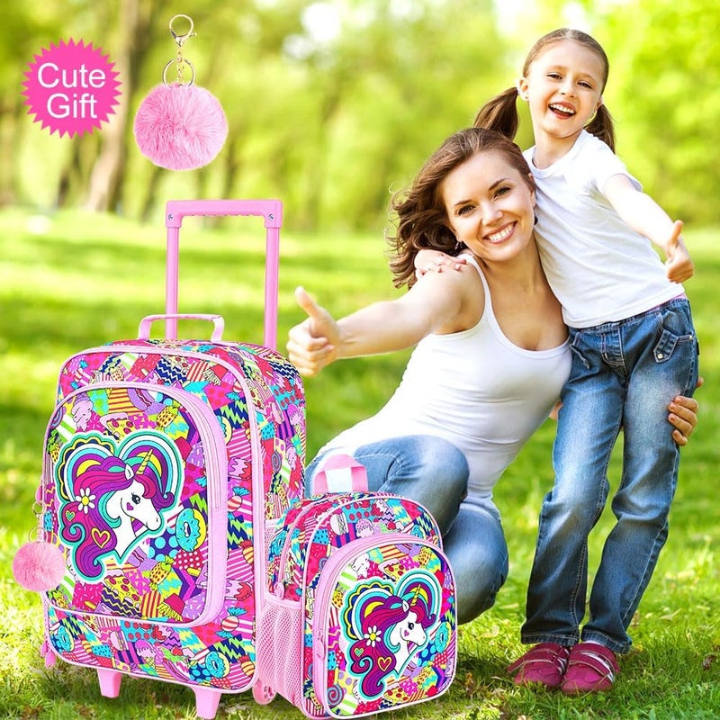 FTJCF Store 2Pcs Girls Luggage Set, 18" Kids Unicorn Carry on Suitcase with Wheels, Cute Unicorn Travel Rolling with 12" Toddler Backpack(Pink) - Image 2
